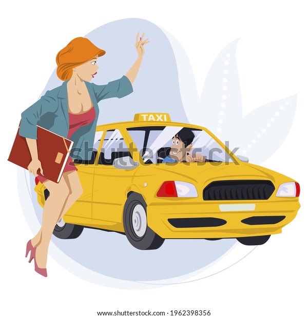 oung woman catching car on city street. Girl\
wants to get a taxi. Illustration concept for mobile website and\
internet development.