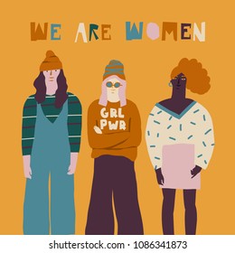 oung women friends illustration. Girl power concept.