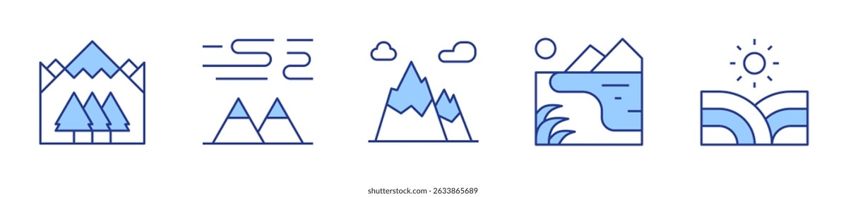 montanhas, lago, polo norte, campo, alpes. Ilustração do vetor de ícone Paisagem. Estilo Duotônico da Linha. Traçado editável.