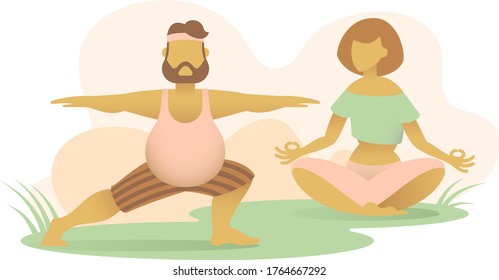 ouple doing yoga outdoor. A fat man exercises. A woman sits in lotus pose. Fitness in the park. Joint active leisure. Minimal flat vector illustration in pastel colors. Trendy graphic. Eps 10 file.