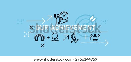 Our achievement banner design showing business success milestones teamwork winning strategy goal attainment and leadership performance icons on blue background for corporate reports presentations and career growth motivation