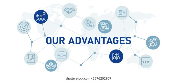 Our Advantages icon set work financial advantageous service guarantee benefit business warranty profitable satisfaction planning company design outline collection