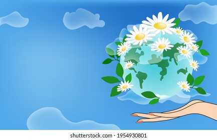 Our beautiful planet in women's palms against the blue sky. Flat cartoon style with place for text. Vector design. The concept of protecting the planet, respecting it.
