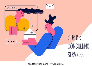 Our best consulting services concept. Positive young man cartoon character getting advise and consultation online from lady specialist worker with lettering vector illustration 