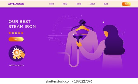 Our Best Steam Iron. Best Quality Badge. Appliances Landing Page Design Template. Website Banner. Female Use Vertical Steam Iron For Cloth. Care Appliance Concept. Light Elements. Purple Background.