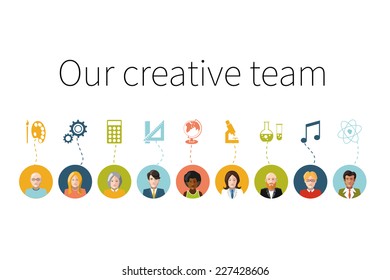 Our creative team. Flat people avatars with signs their professions