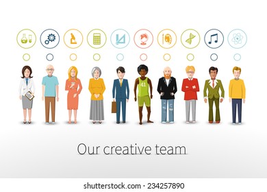 Our Creative Team Of Ten People With Occupations Icons On White Background