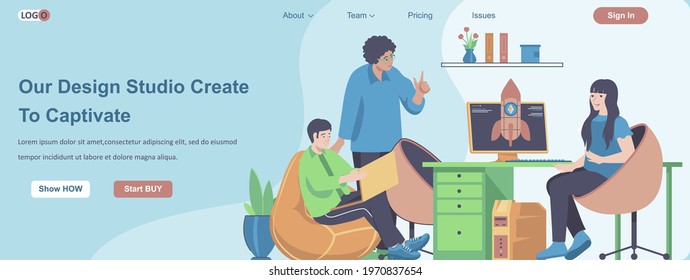 Our Design Studio Create To Captivate web banner concept. Design team working on project in office, startup advertising landing page template. Vector illustration with people characters in flat design