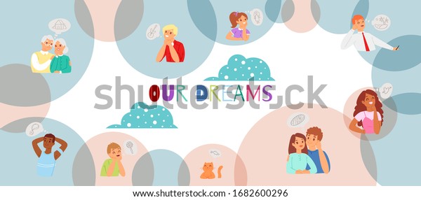 Our dreams, relaxed young and old people and\
children relaxing on clouds and dreaming about house, baby, car,\
yacht and shopping and vacation cartoon vector illustration. Future\
dreams and planning.
