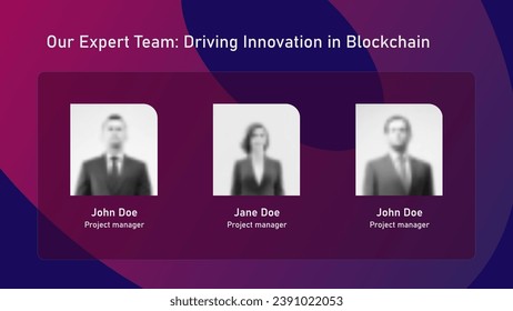 Our expert team web page with member avatars for business presentation or landing page on dark blue background. Website page vector template.