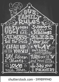 Our family rules. Chalkboard wall sign. Hand-lettering with sketches on blackboard background with chalk. Decorative typography