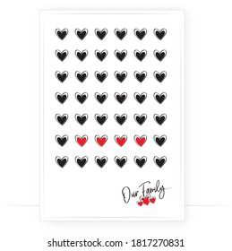 Nuestra familia, vector. Diseño de afiches con muchas ilustraciones de corazones negros y rojos aislados en fondo blanco. Diseño artístico minimalista