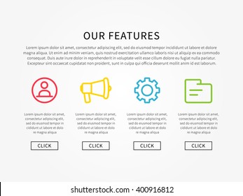 Our features webpage layout vector illustration. Webpage template about company's services and products.
