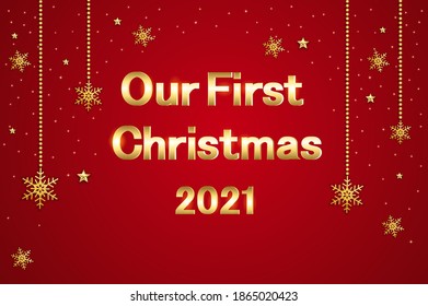Unser erster Weihnachtshintergrund mit glänzendem goldenem Schneeflocken und Stern. Fröhliche Weihnachtskartengrafik auf rotem Hintergrund.