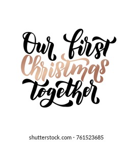 
Our first christmas together. Merry Christmas and Happy New Year rose gold greeting card. Minimalistic christmas card on navy blue background. Linear Christmas decorations with confetti.