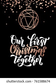 Our first christmas together. Merry Christmas and Happy New Year rose gold greeting card. Minimalistic christmas card on navy blue background. Linear Christmas decorations with confetti.