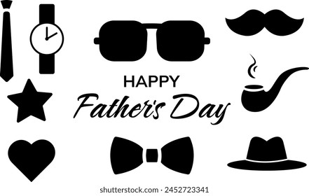 Our First Fathers Day Vector Illustration Set isolated on White Background for Greeting Cards, TShirt Prints, Invitations. Happy Fathers Day Banner. Icons for Daddy.