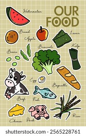 our food, fruit, protein, vegetable, starch, illustration stickers