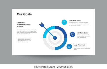 Nosso modelo de apresentação de slides metas com um design limpo e profissional. Ideal para apresentar metas da empresa, objetivos de negócios, metas estratégicas, principais marcos, planejamento de visão e planos de crescimento de longo prazo em apresentações corporativas e profissionais.
