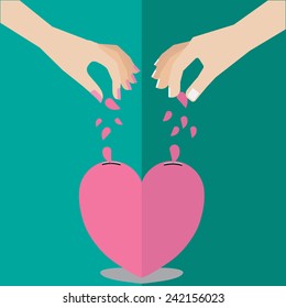 Our heart ,two people put part or love for deposit relationship 
