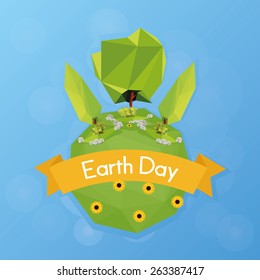 our isolated planet with trees and a ribbon with text