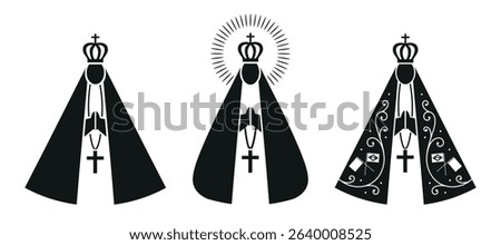 Our Lady of Aparecida icon set, popular catholic saint considered the patron saint of Brazil. Simple and sophisticated vectors for prints, prints and templates