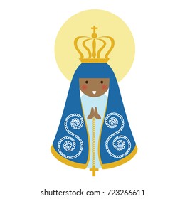 Our Lady of Aparecida is Nossa Senhora Aparecida patroness of Brazil. Blessed Virgin Mary flat cute vector.