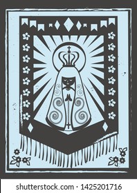 Our Lady Aparecida vector. Brazilian woodcut style.  