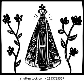 Our Lady of Aparecida. Woodcut Style. patroness of Brazil