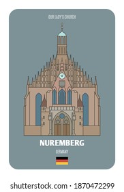 Our Lady Church in Nuremberg, Germany. Architectural symbols of European cities. Colorful vector 