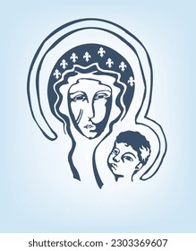 Nuestra Señora de Czestochowa, Madonna Negra, Jezus. Ilustración Virgen María con su hijo. Vector religioso católico	
