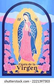 Nuestra Señora de Guadalupe, Emperatriz de América. Virgen de Guadalupe en un estilo acuático con un marco de rosas. Fiesta de nuestra dama.  Fiesta de la Virgen