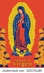 Nuestra Señora de Guadalupe, Emperatriz de América. Virgen de Guadalupe con un marco de rosas. Fiesta de nuestra dama.  Fiesta de la Virgen. Ilustración del vector