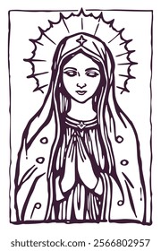 Our Lady. Hand-drawn image of Virgin Mary of Guadalupe. Monochrome woodcut. Vector isolated illustration.