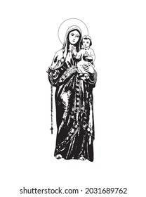 Nuestra Señora de la sagrada ilustración del rosario virgen María y el niño Jesús vector religioso católico