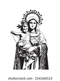 Our Lady of Holy Rosary Illustration Virgin Mary and Child Jesus catholic religious vector