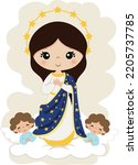 our lady of the immaculate conception, virgin of the immaculate conception, marian advocations, virgin mary, illustration with angels, children, religious