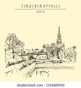 Our Lady of Lourdes Church and a market in Tiruchirappalli (Trichy), Tamil Nadu, India. Artistic drawing. Travel sketch. Vintage hand drawn postcard or poster template. Vector illustration