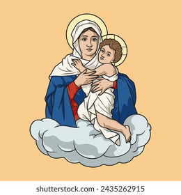 Our Lady Mother Queen and Victor Three Times Admirable with Baby Jesus Colored Vector Illustration