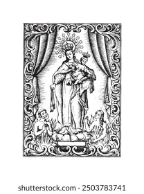 Our Lady of Mount Carmel Illustration Virgin Mary and Child Jesus Catholic religious vector