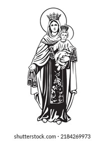 Ilustración de Nuestra Señora del Monte Carmelo Virgen María y Niño Jesús vector católico religioso