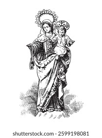 Our Lady of Mt.Carmel Illustration Virgin Mary and Child Jesus catholic religious vector