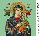 Our Lady of Perpetual Help Colored Vector Illustration. Translation of the Greek text: Mother of God; Saint Michael Archangel; Saint Gabriel Archangel; Jesus Christ