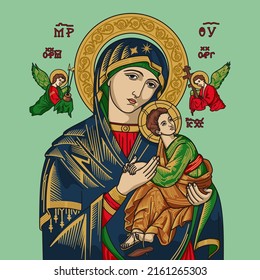 Our Lady of Perpetual Help Colored Vector Illustration. Translation of the Greek text: Mother of God; Saint Michael Archangel; Saint Gabriel Archangel; Jesus Christ