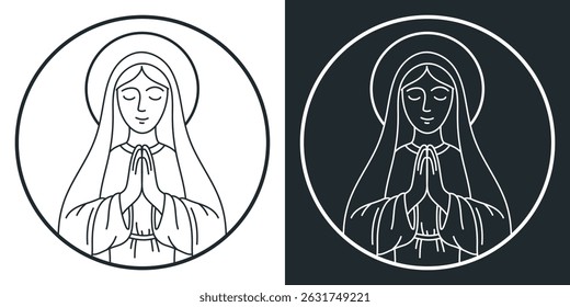 Nossa Senhora, Virgem Maria, santa católica em oração. Ícone sagrado desenhado em estilo linear. Ilustração isolada de vetor. Para modelos, padrões, malhas, impressões.