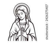 Our Lady Virgin Mary Mother of Jesus, Holy Mary, madonna, vector illustration, black on white background, printable, suitable for logo, sign, tattoo, laser cutting, sticker and other print on demand	