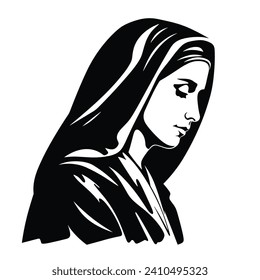 Our Lady Virgin Mary Mother of Jesus, Holy Mary, madonna, vector illustration, black on white background, printable, suitable for logo, sign, tattoo, laser cutting, sticker and other print on demand	