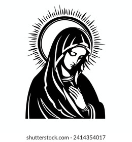 Our Lady Virgin Mary Mother of Jesus, Holy Mary, madonna, vector illustration, black on white background, printable, suitable for logo, sign, tattoo, laser cutting, sticker and other print on demand	