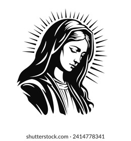 Marienmutter Muttergottes Jesu, Heilige Maria, Madonna, Vektorgrafik, schwarz auf weißem Hintergrund, bedruckbar, geeignet für Logo, Zeichen, Tattoo, Laserschneiden, Aufkleber und andere Print-on-Demand	