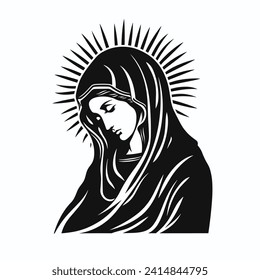 Our Lady Virgin Mary Mother of Jesus, Holy Mary, madonna, vector illustration, black on white background, printable, suitable for logo, sign, tattoo, laser cutting, sticker and other print on demand	